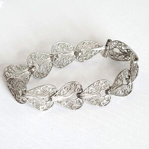 Vintage Sterling Silver Filigree Ottoman Hand Crafted Heart Chain Link Bracelet